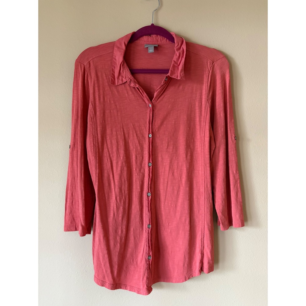 J. Jill Coral Pink Slub Knit Button Down Roll Tab Sleeve Top Medium
